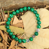 Malachite Green Beaded Stone Stretch Bracelet in Sterling Silver Om With Flowers